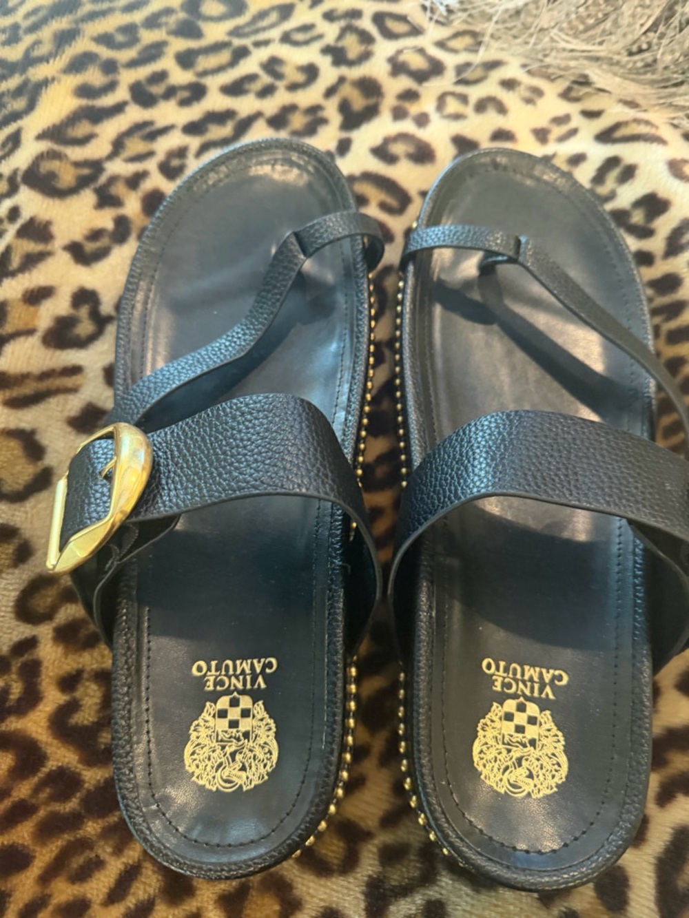 Vince Camuto Black Leather Slide Sandals with Gold Buckle